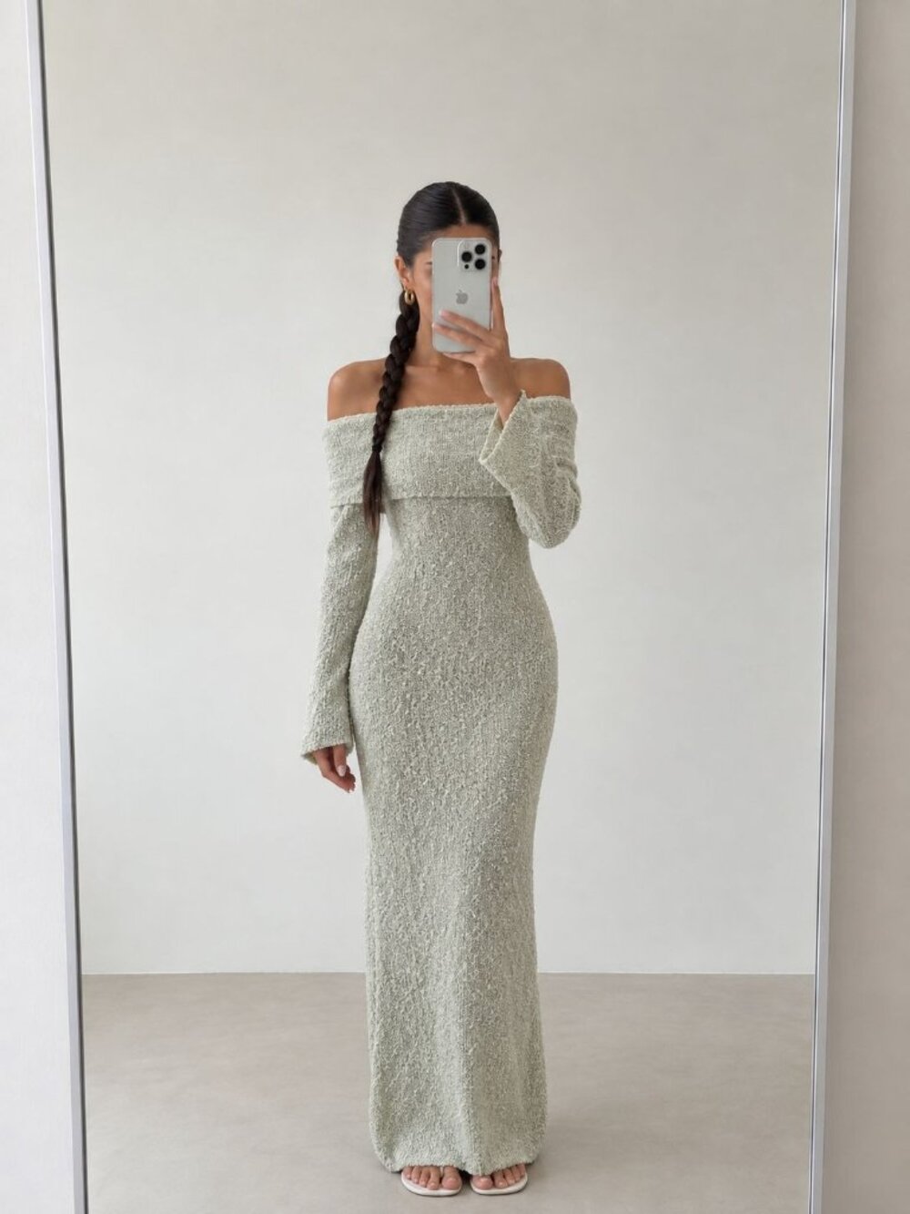 MESHKI Marisol Pastel Green Off Shoulder Boucle Maxi Dress Size S NWT